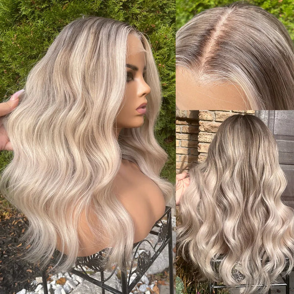 Highlights Ash Blonde Root 100% Premium Virgin Human Hair Wig 24” Wavy 13x6” Lace Front Wig HD Invisible Full Lace Wig for Women