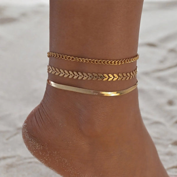 Women'S Fashion Foot  Ankle Three Piece Set Flat Wheat Combination Foot Jewelry Women'S Stainless Steel Gold Plated Foot Chain